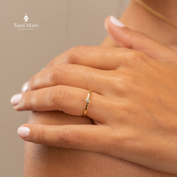 Delicate Gold Dot Ring with Sparkling Diamond - Handcrafted Minimalist Jewelry • Dotted Ring • Tiny Dot Ring • Engagement Ring • Gift Ring